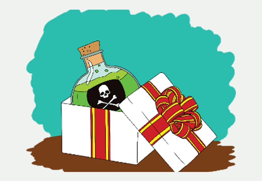 Eine Geschenkbox mit roter Schleife, darin eine grüne Giftflasche mit Totenkopf.