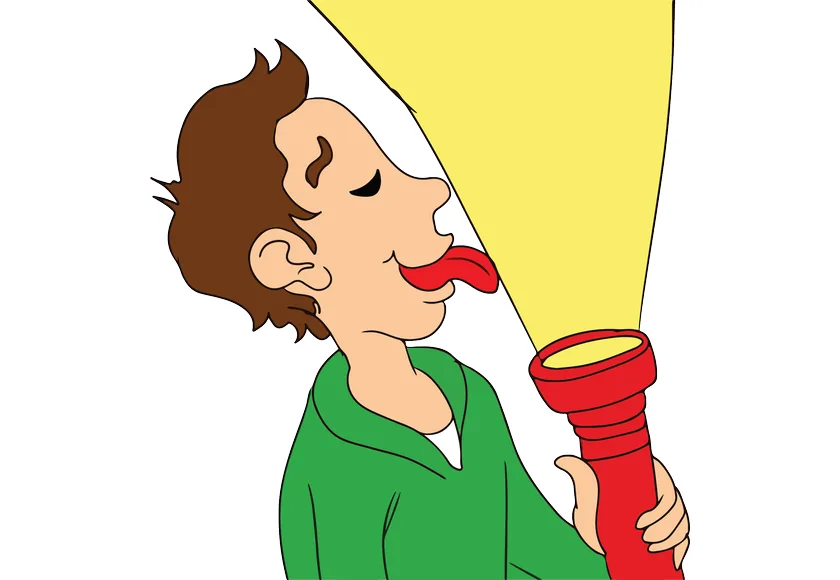 Ein Cartoon-Mann streckt die Zunge nach dem Lichtstrahl einer roten Taschenlampe aus.