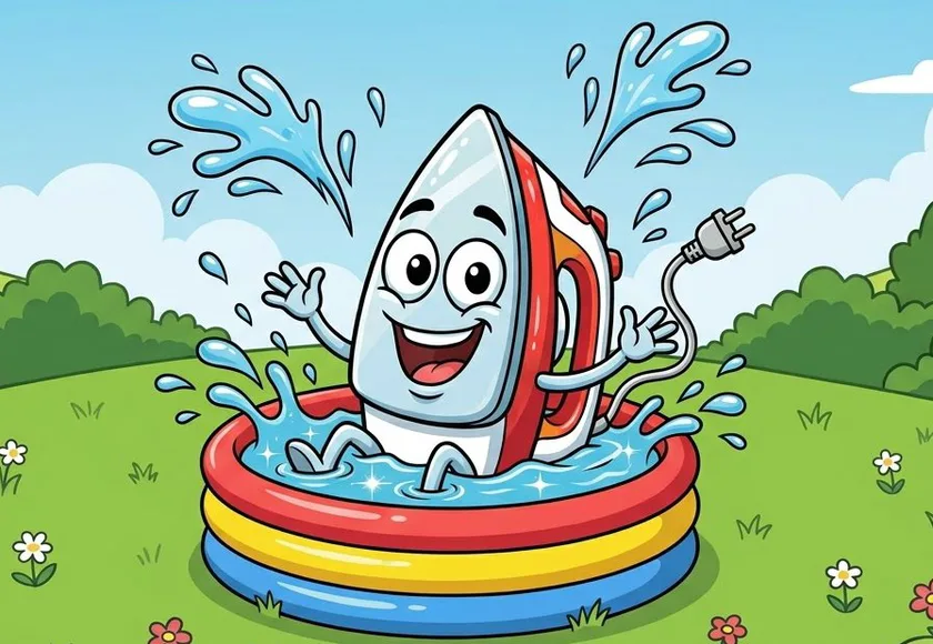Ein lachendes Cartoon-Bügeleisen planscht in einem bunten Planschbecken auf einer Wiese.